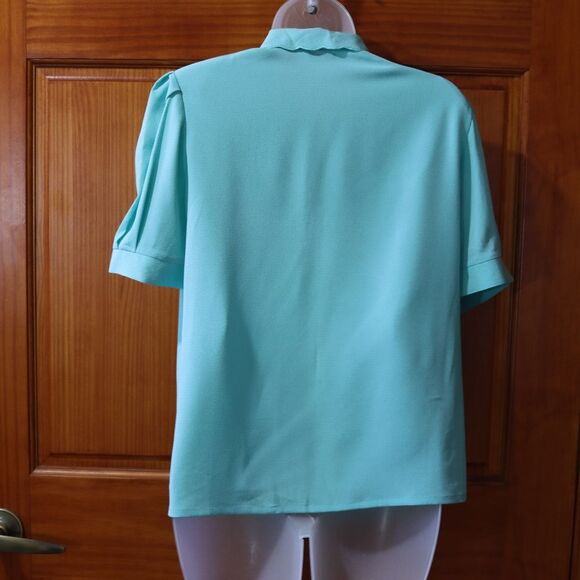 Vintage Asian Teal Blue High Neck Blouse Short Puff Sleeves Small - Picture 8 of 11